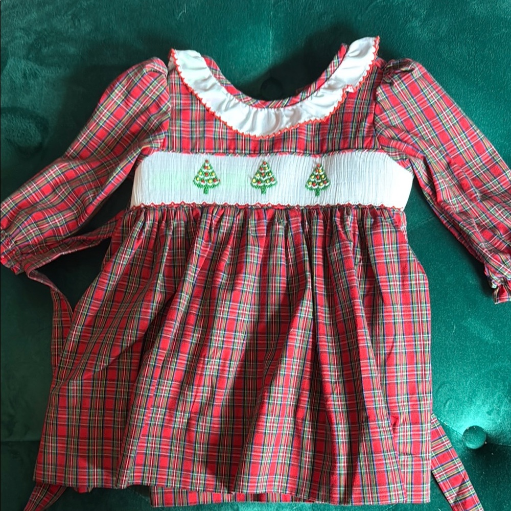 Edgehill Collection - Red Plaid Holiday Dress with Tree Embroidery - 3 Months